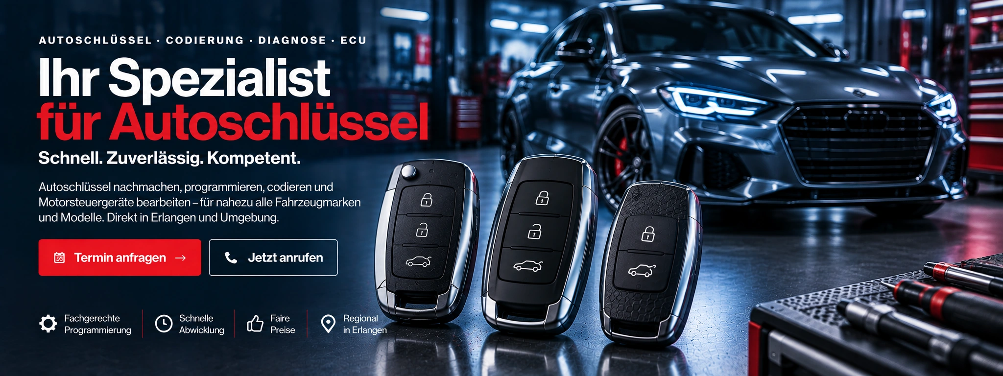 Moderne Autoschlüssel, Diagnosegerät und Fahrzeugtechnik